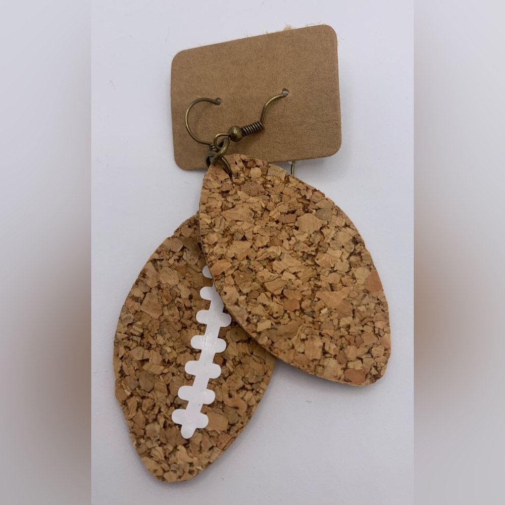 Handmade Dangle Cork Football Earrings - Picture 4 of 4